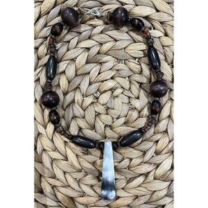 2.5in Satin Spar Gypsum Crystal & Wooden Bead Choker Boho Tribal Brutalist 16in